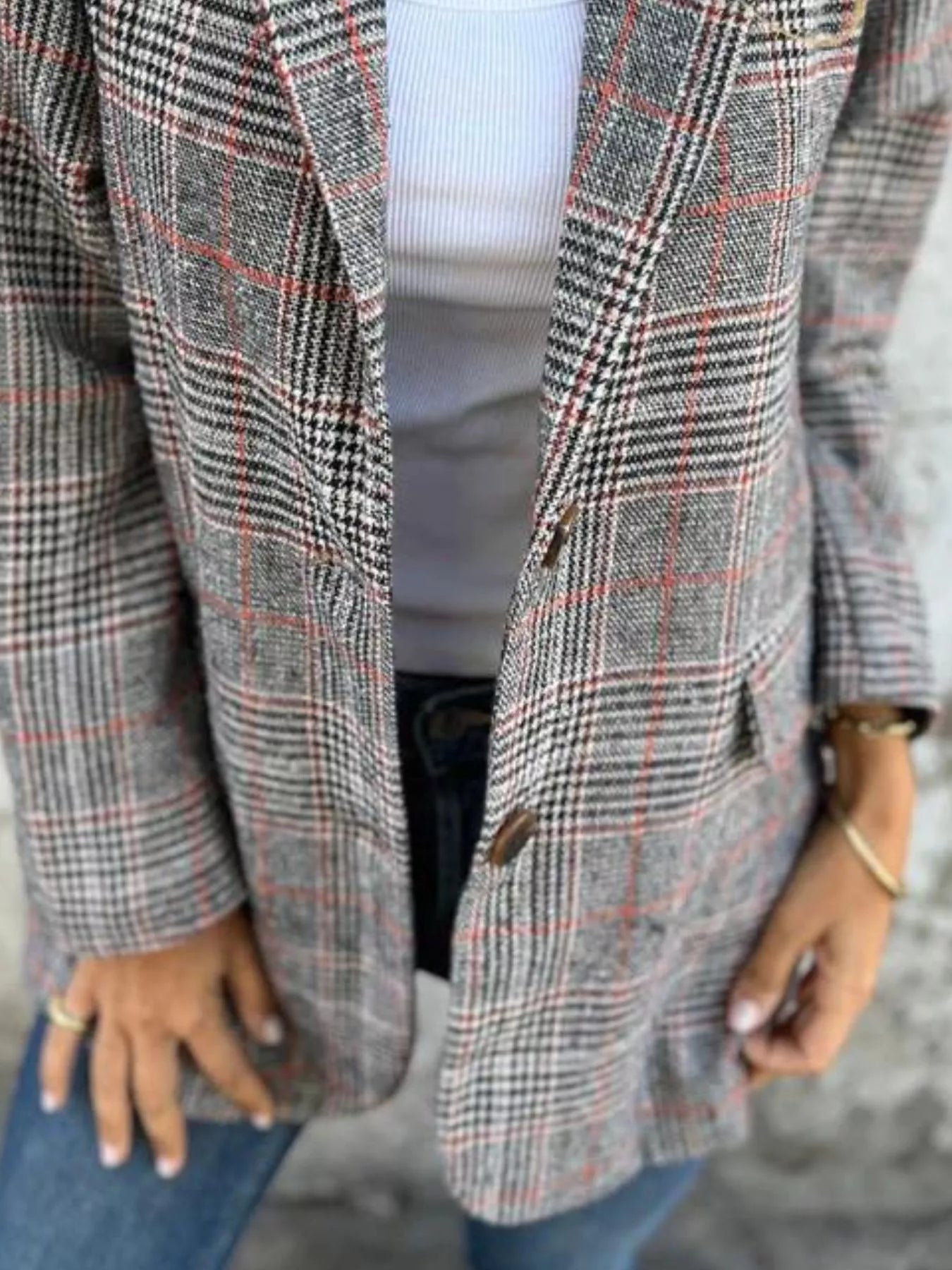 Full Size Plaid Single-Breasted Long Sleeve Blazer Plus Size