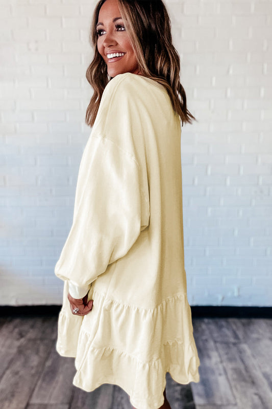 Beige Double Tiered Ruffle Hem Long Sleeve Loose Mini Dress