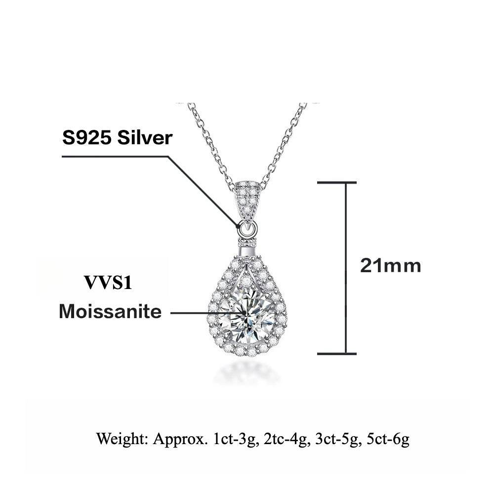 S925 Moissanite Teardrop Halo Pendant Necklace with Pavé Top Frame, 1-5ct VVS1 D-Grade Certified, Sterling Silver Pear Shape Pendant for Her