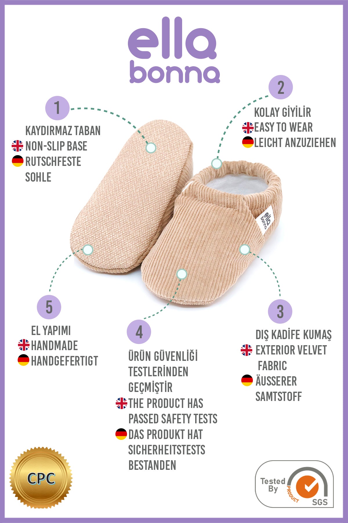 Organic Cotton Corduroy Home Nursery Moccasin Shoes Beige