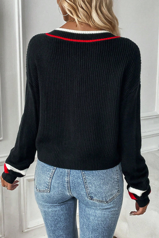 Black Contrast Striped Trim V Neck Drop Shoulder Sweater