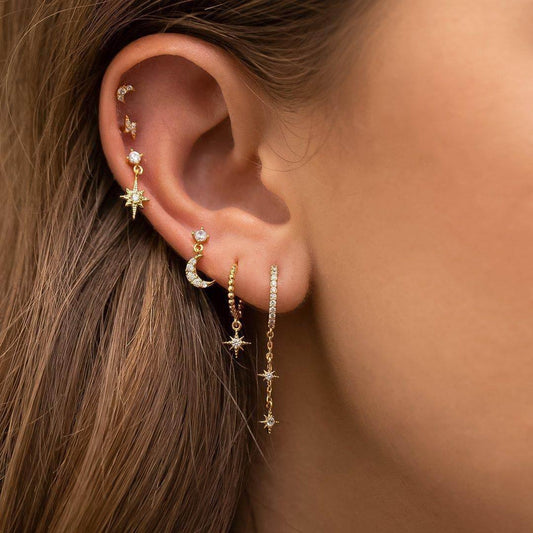6 Pieces Radiant Hoop Layers Earring Set, 18k Gold Stud Hoop, S925 Needle, Stacked Lobe Designs with Dazzling Zirconia