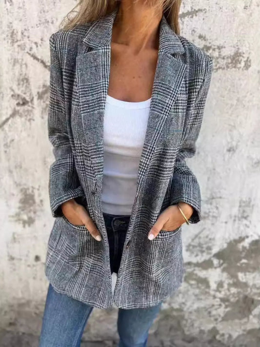 Full Size Plaid Single-Breasted Long Sleeve Blazer Plus Size