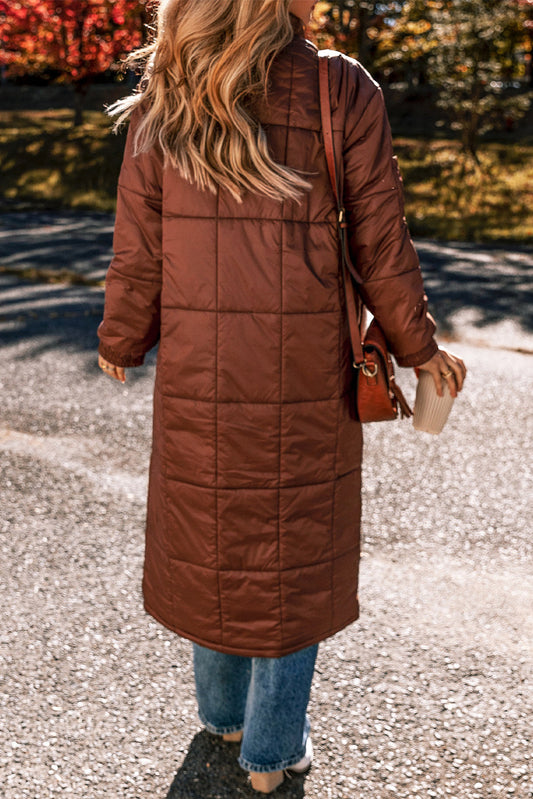 Solid Quilted Stand-Neck Zip-Up Buttoned Puffer Coat