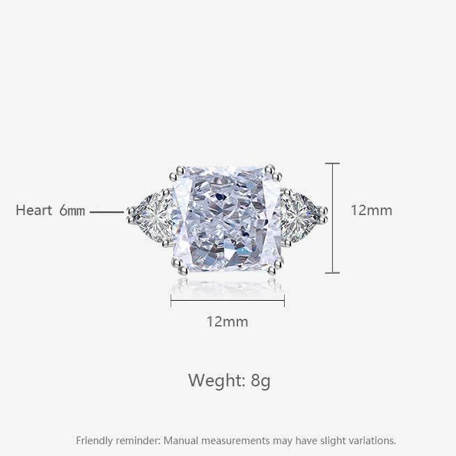 Multicolor Ice Flower Cut Square CZ Adjustable Ring, 12*12mm 8A Main Cubic Zirconia, Two Heart Side CZ, Dainty Luxe