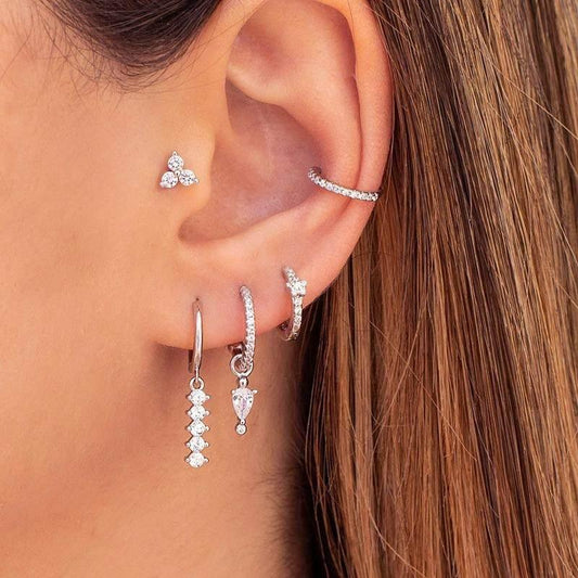 5 Pieces Simple Clover Single-Row Serrated Ear Cuff Earring Set, 18k Gold-Plated Teardrop Zircon Earrings, S925 Needle, Stacked Lobe Designs with Dazzling Zirconia
