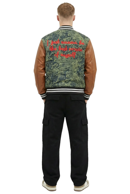 ROBIN Men's Jacquard Body with faux Leather Sleeve Varsity Jacket