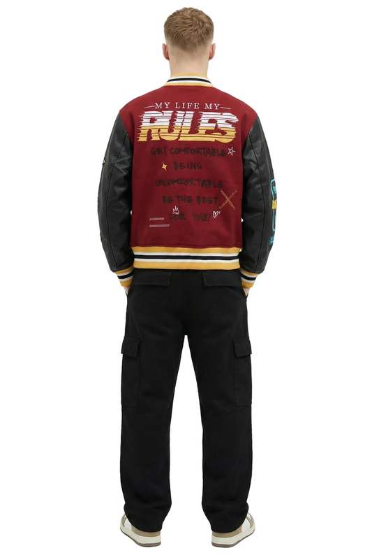 MAROON Men's Melton Body with Faux Leather Sleeve Varsity Jacket