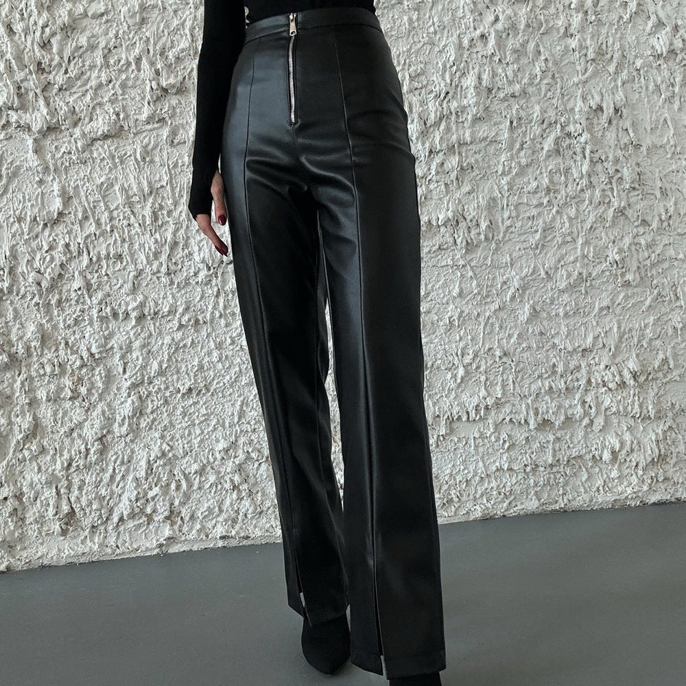 Leather Casual Pants Autumn Winter High Waist Slimming Casual Straight Pants Faux Leather Wide Leg Leather Pants Solid Color Split