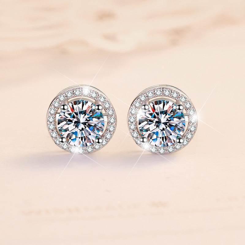 S925 Sakura Pink Moissanite Halo Stud Earrings, Sterling Silver D-Grade VVS Round-Cut Certificated Moissanite Jewelry for Men & Women, Simple & Stylish Gift for Wedding, Birthday, Anniversary