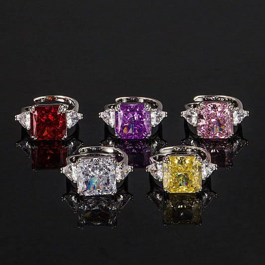 Multicolor Ice Flower Cut Square CZ Adjustable Ring, 12*12mm 8A Main Cubic Zirconia, Two Heart Side CZ, Dainty Luxe