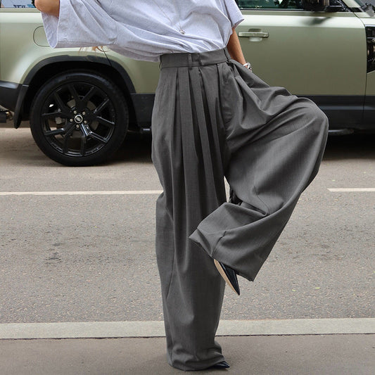 French Office Pleated Gray Work Pant Women Autumn Casual Loose All Matching Wide Leg Trousers