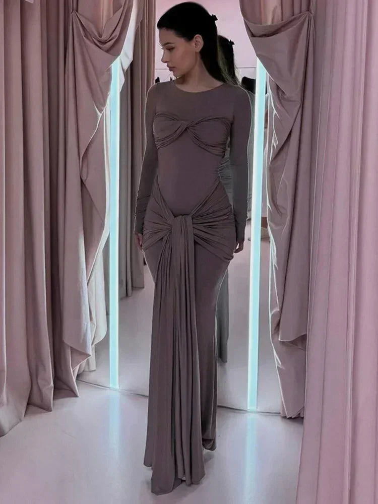 Tossy Female Pleated Sexy Maxi Dress Patchwork Twist Slim Long Sleeve Solid Y2k Autumn Streetwear Dress Women's Bodycon Dress