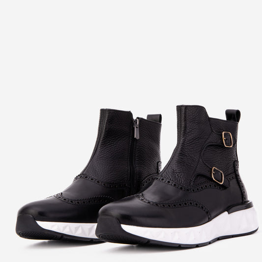 The Stealth Wingtip Buckle Black Leather Men Boot