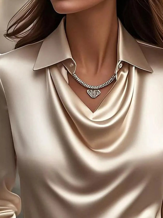 Full Size Satin Cowl Neck Long Sleeve Blouse Plus Size