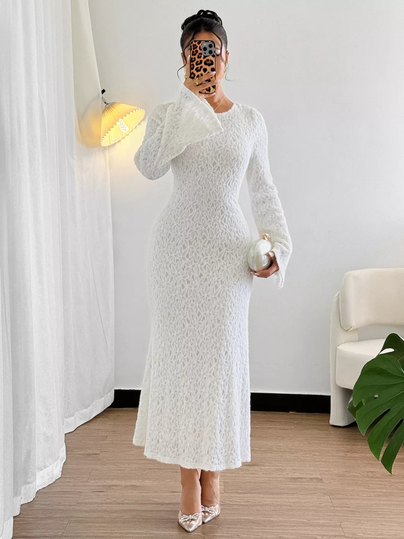 Lace Round Neck Flare Sleeve Dress