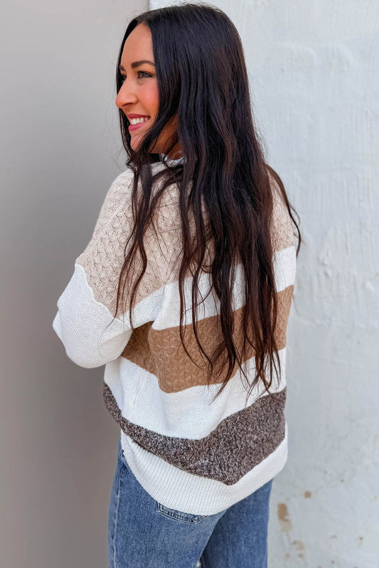 Brown Mixed Texture Knit Striped Colorblock Loose Sweater