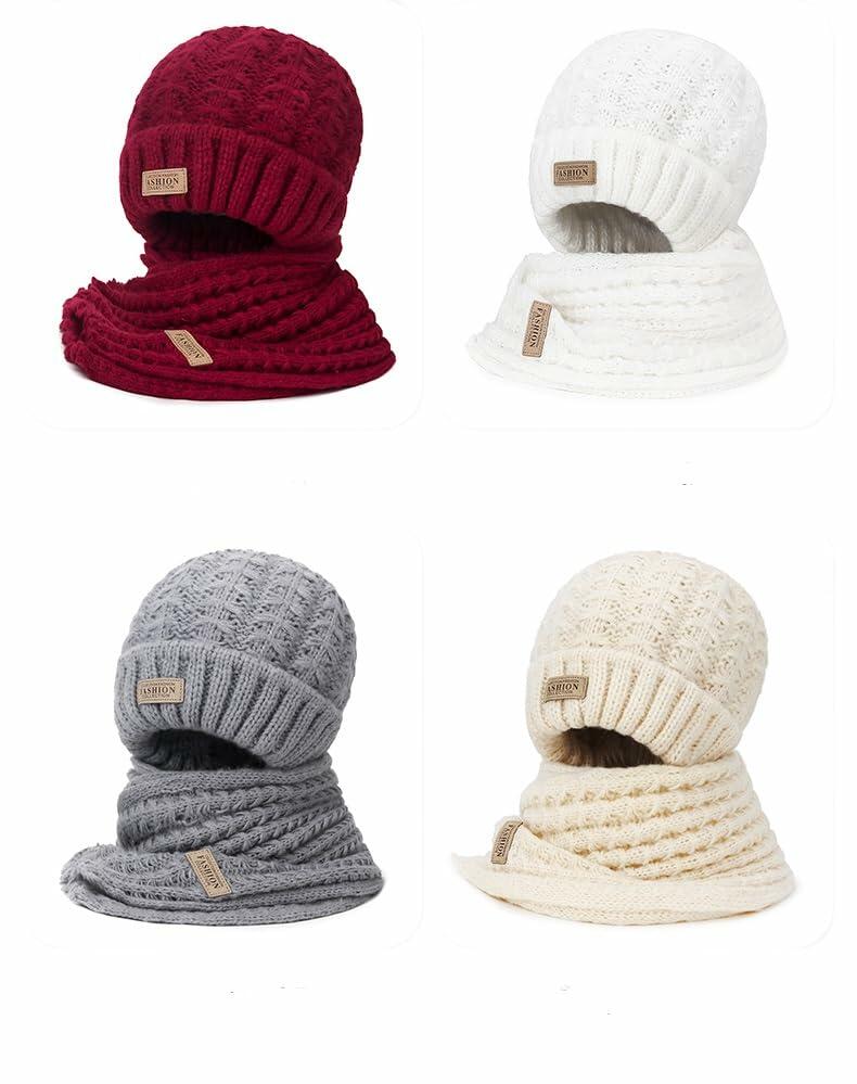 Wander Agio Women's Wool Knit Beanie & Scarf Set Wine Red Size 7 Warm Thick