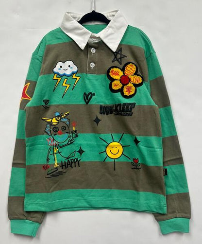 MATRI Kid's Long Sleeve Polo Shirt With Heavy Print Effects & Patch Works
