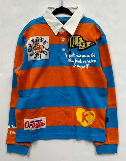 ZORA Kid's Long Sleeve Polo Shirt With Heavy Print Effects & Patch Works