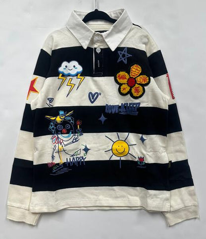 CROW Kid's Long Sleeve Polo Shirt With Heavy Print Effects & Patch Works