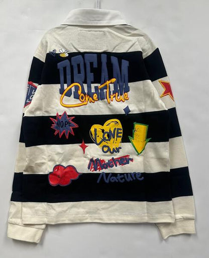 CROW Kid's Long Sleeve Polo Shirt With Heavy Print Effects & Patch Works
