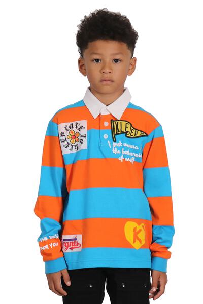 ZORA Kid's Long Sleeve Polo Shirt With Heavy Print Effects & Patch Works