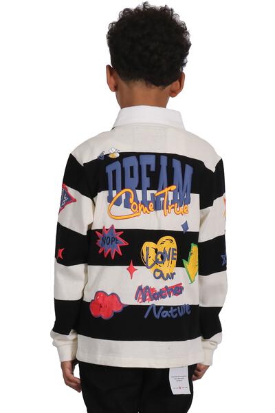 CROW Kid's Long Sleeve Polo Shirt With Heavy Print Effects & Patch Works