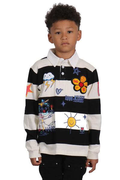CROW Kid's Long Sleeve Polo Shirt With Heavy Print Effects & Patch Works