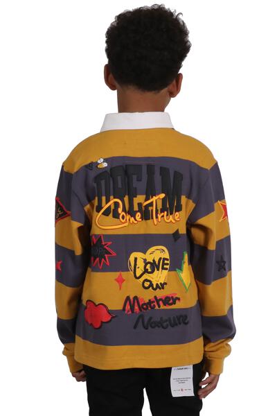 BISCOTTI Kid's Long Sleeve Polo Shirt With Heavy Print Effects & Patch Works