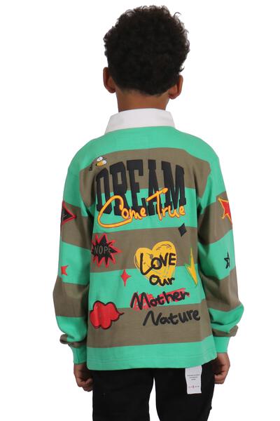 MATRI Kid's Long Sleeve Polo Shirt With Heavy Print Effects & Patch Works