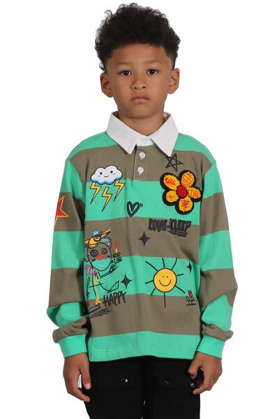 MATRI Kid's Long Sleeve Polo Shirt With Heavy Print Effects & Patch Works