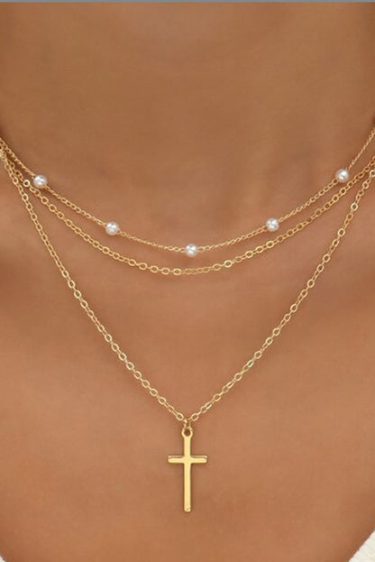Gold Plated Cross Pendant Pearl Decor Triple Layer Chain Necklace