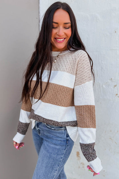 Brown Mixed Texture Knit Striped Colorblock Loose Sweater