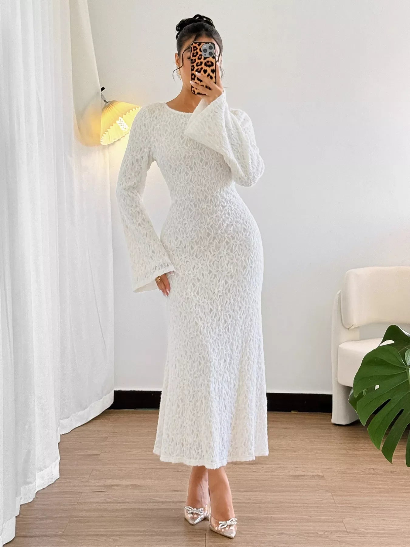 Lace Round Neck Flare Sleeve Dress