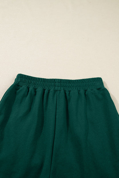 Dark Green Pearl Embellished Drop Shoulder Pullover Elastic Waist Mini Skirt Set