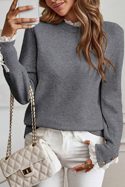 Sleet Lace Trim Patchwork Buttoned Cuffs Loose Sweater
