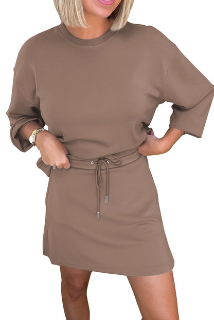 Coffee Solid Color Drop Shoulder Pullover Drawstring Mini Skirt Set