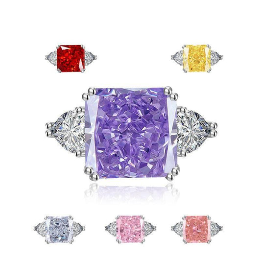 Multicolor Ice Flower Cut Square CZ Adjustable Ring, 12*12mm 8A Main Cubic Zirconia, Two Heart Side CZ, Dainty Luxe