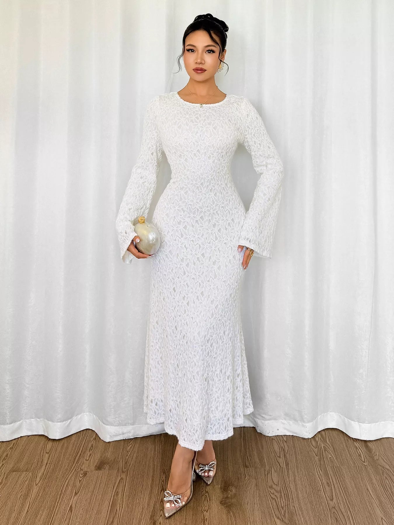 Lace Round Neck Flare Sleeve Dress