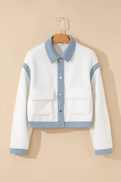 Solid Contrast Trim Buttoned Sherpa Jacket