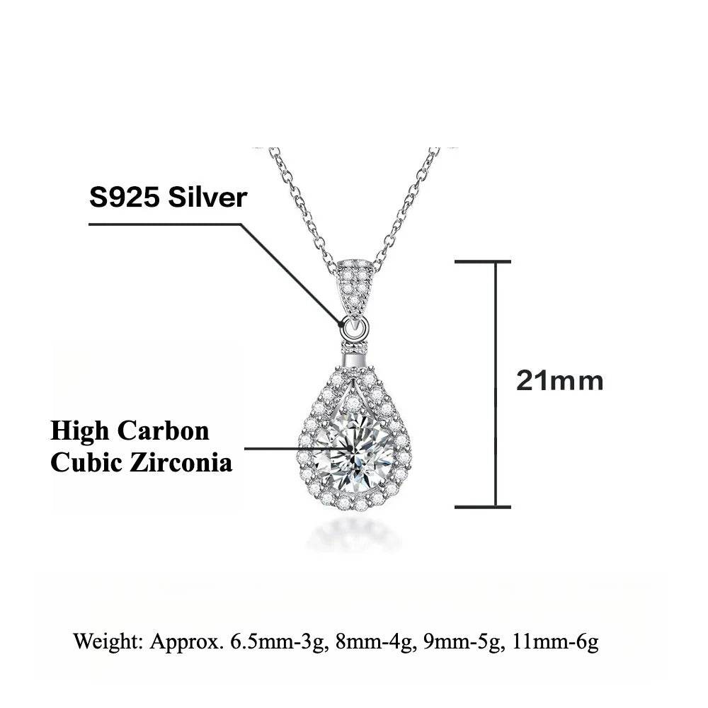 S925 High Carbon CZ Teardrop Halo Pendant Necklace with Pavé Top Frame, 6-11mm Cubic Zirconia, Sterling Silver Pear Shape Pendant for Her