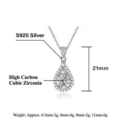 S925 High Carbon CZ Teardrop Halo Pendant Necklace with Pavé Top Frame, 6-11mm Cubic Zirconia, Sterling Silver Pear Shape Pendant for Her