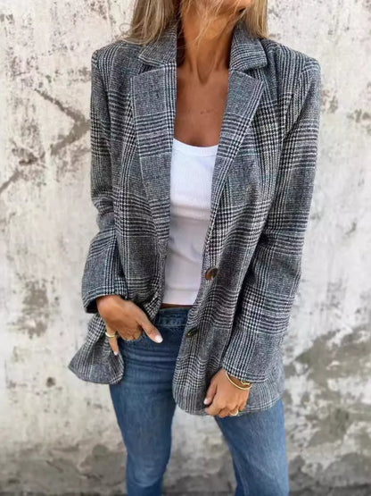 Full Size Plaid Single-Breasted Long Sleeve Blazer Plus Size