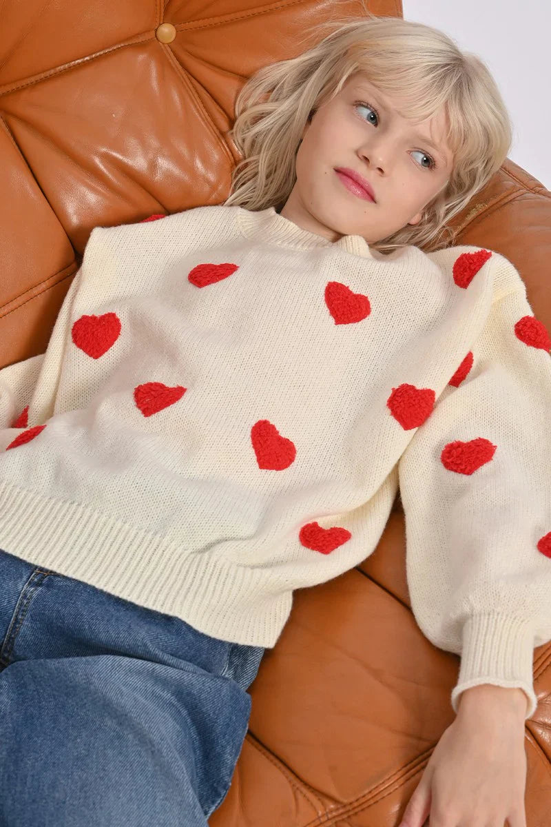 Off White with Red Hearts Knitted Sweater