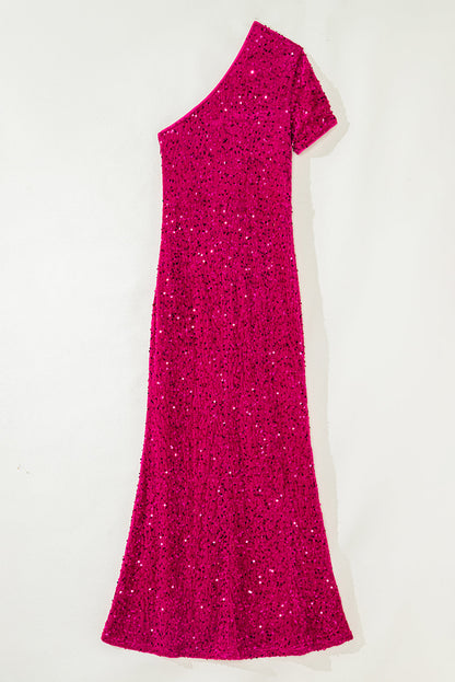 Pitaya Pink One Shoulder Thigh High Split Bodycon Sequin Gown