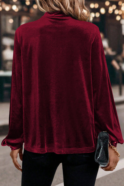 Red Dahlia Asymmetric Button Keyhole Neck Long Sleeve Velvet Blouse