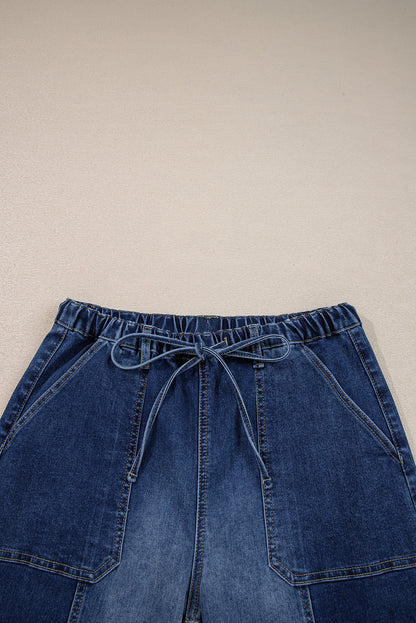 Beau Blue Drawstring Seam Detail Raw Hem Wide Leg Jeans