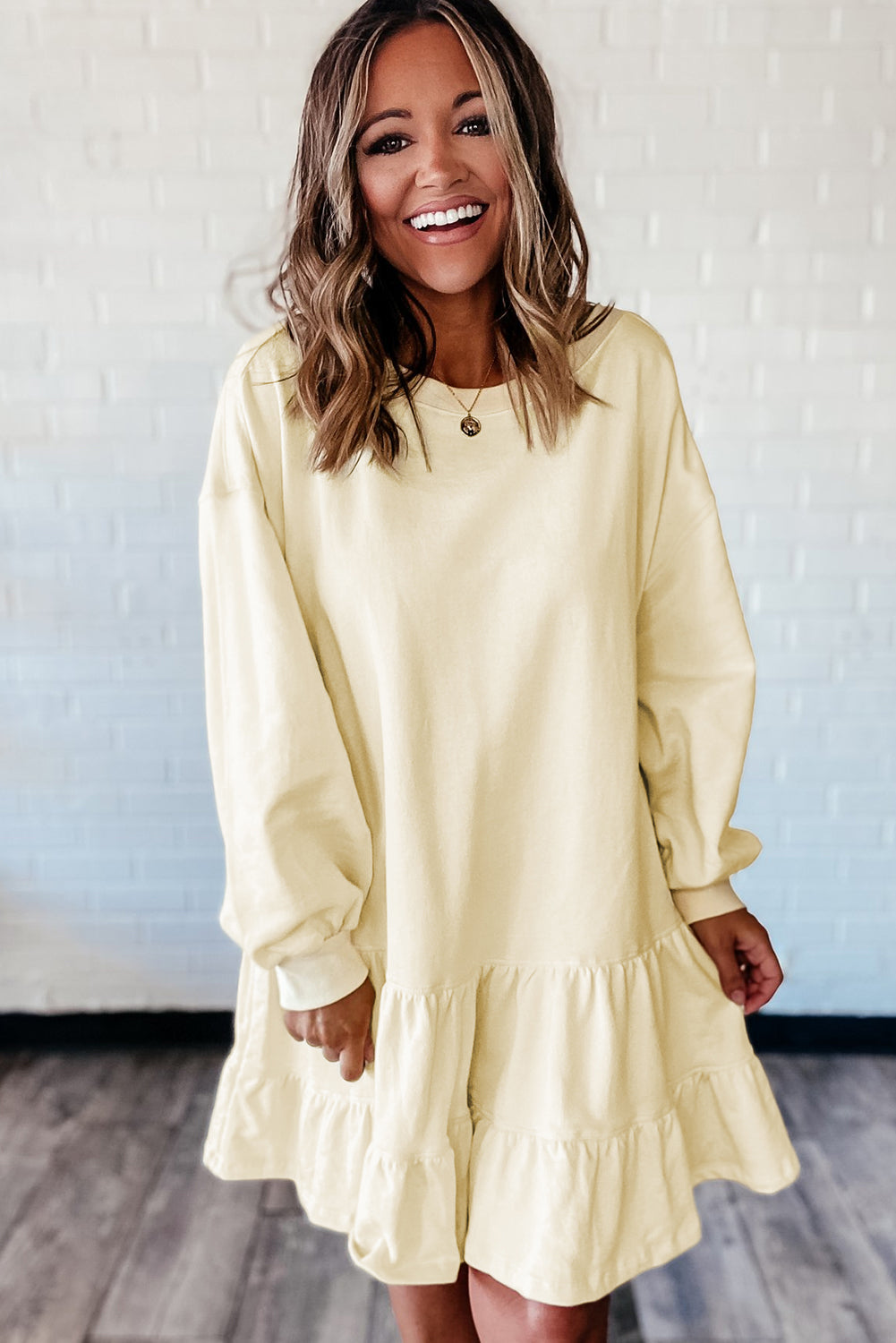 Beige Double Tiered Ruffle Hem Long Sleeve Loose Mini Dress