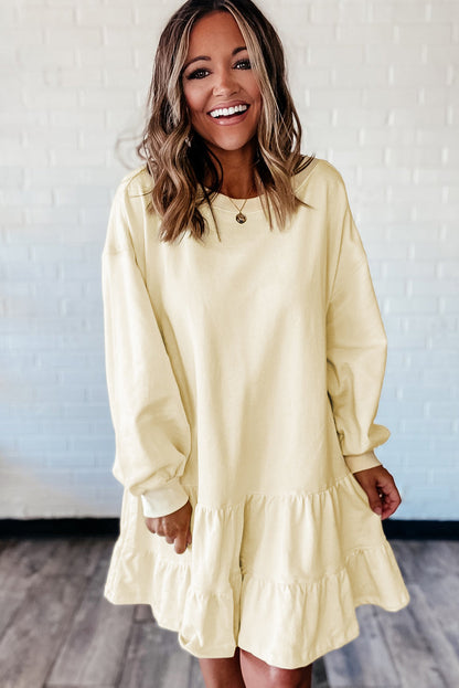 Beige Double Tiered Ruffle Hem Long Sleeve Loose Mini Dress